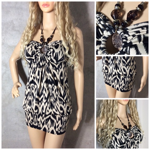 🎀 ANIMAL PRINT DRESS TRIBAL HALTER BEADED BOHO SHORT SMALL PETITE PADDED TOP - Picture 5 of 9